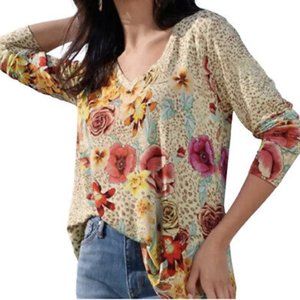 Johnny Was Hera Favorite L/S V-neck Swing Top Beige Floral sz XL